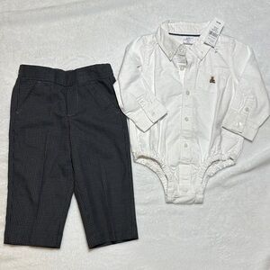 NWT White gap Button-Up polo Bodysuit and Black Checkered Pants Set 12/18